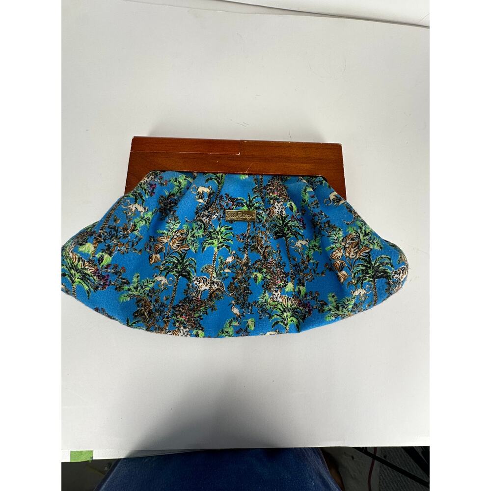 Lilly Pulitzer Vintage Clutch Handbag, Wooden Handle Beautiful Blue Tiger Print